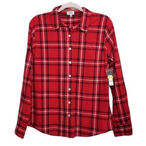 Crown & Ivy Women's Size Med Red Plaid Button Down Long Sleeve Blouse NWT
